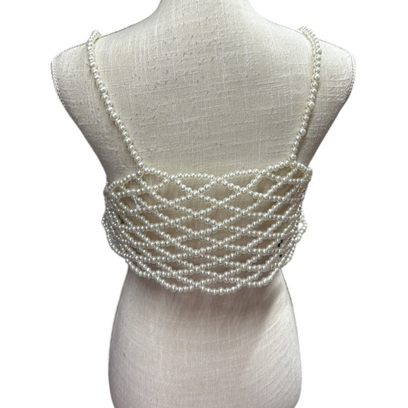 Faux Pearl Beaded Cami Crop Top Strap Tank Party Corset Clubwear Rave Womens M - Picture 3 of 5